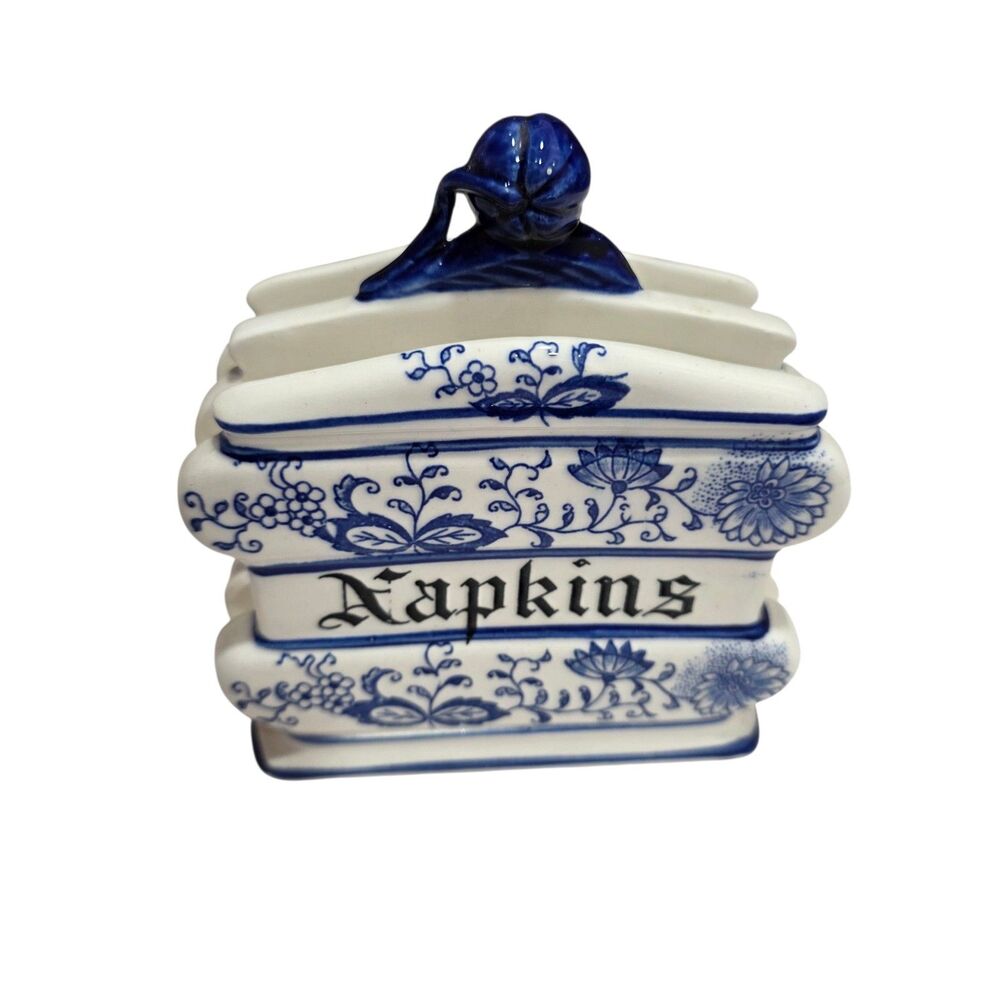 Blue Onion Napkin Holder Ceramic Japan Porcelain Lidded Table Caddy Decor